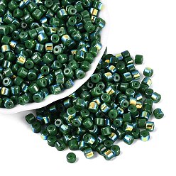 Dark Green FGB Opaque Colours Glass Seed Beads, Rainbow Plated, Round Hole, Barrel, Dark Green, 4x3.5mm, Hole: 0.9~1mm, about 3750pcs/pound