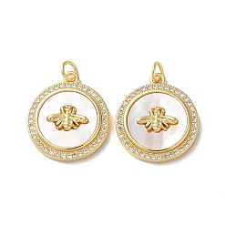 Bees Латунные микропаве прозрачные подвески с фианитом, без кадмия и без свинца, с оболочкой, реальный 18 k позолоченный, овальный/плоский круглый круглый, Пчелы, 21.5x19x3.5 мм, отверстие : 3 мм