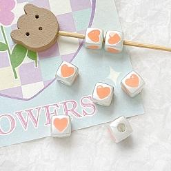 Коралловый Бусины из эмалированного сплава цвета макарон, Куб с сердцем, коралл, 7x7 мм, отверстие : 2.7 мм