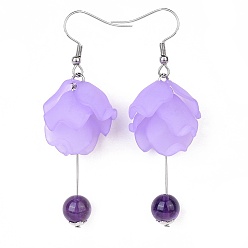 Фиолетовый Болтаются серьги, с 304 фурнитурой из нержавеющей стали, акриловые подвески и натуральный аметист, цветок, фиолетовые, 59~63 мм, кулон: 40~44x20x14 мм, контактный: 0.7 мм