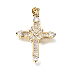 Real 18K Gold Plated Brass Micro Pave Clear Cubic Zirconia Pendants, Cross Charms, Lead Free & Cadmium Free, Long-Lasting Plated, Rack Plating, Real 18K Gold Plated, 30.5x23.5x4mm, Hole: 4x3mm