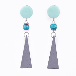 Pink Pear Wood Dangle Earrings, with Polymer Clay Heishi Beads(Random Color) and 304 Stainless Steel Stud Earring Findings, Triangle, Pink, 74mm, Pin: 0.6mm