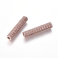 Real Rose Gold Plated Brass Micro Pave Cubic Zirconia Beads, Tube Beads, Clear, Real Rose Gold Plated, 29.5x6mm, Hole: 2.5mm