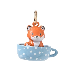 Orange Spray Painted & UV Printed Brass Pendants, Cup with Fox Charms, Golden, Orange, 16x18x15mm, Hole: 4mm