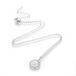 Letter V Brass Initial Pendant Necklaces, with Shell, Cubic Zirconia and 304 Stainless Steel Cable Chains, Flat Round with Letter, Letter.V, 17.5 inch(44.5cm), 1.5mm
