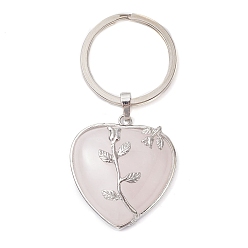 Rose Quartz Natural Rose Quartz & Brass Heart Pendant Keychains, with Iron Split Key Rings, 7cm, Pendants: 36x33x10mm