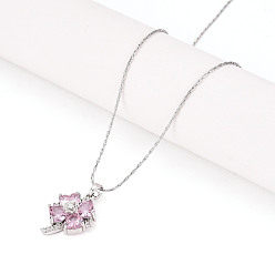 Бледно-Розовый Латунный кулон с кубическим цирконием в форме клевера 304 цепочка из нержавеющей стали, цвет нержавеющей стали, розовый жемчуг, 15.94 дюйм (40.5 см)