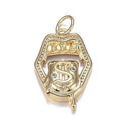 Golden Brass Micro Clear Cubic Zirconia Pendants, Long-Lasting Plated, Lip with Dollar Sign, Golden, 19x12.5x4mm, Hole: 3.6mm