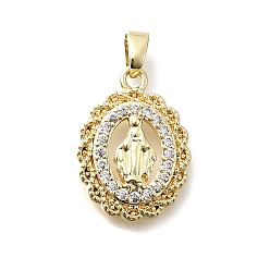 Oval Латунные микро проложить кубического циркония подвески, Дева Мария, реальный 18 k позолоченный, овальные, 18x13x3 мм, отверстие : 4x2.5 мм