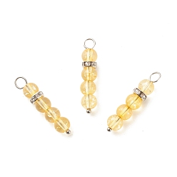Citrine Natural Citrine Pendants, with Platinum Tone Brass Crystal Rhinestone Spacer Beads, 30~34x6.5mm, Hole: 3.3mm