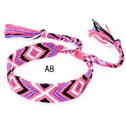 Pearl Pink Cotton Braided Rhombus Pattern Cord Bracelet, Ethnic Tribal Adjustable Brazilian Bracelet for Women, Pearl Pink, 5-7/8~14-1/8 inch(15~36cm)