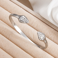 Stainless Steel Color Double Snake 304 Stainless Steel Open Cuff Bangles for Women, Tarnish Free, Stainless Steel Color, Inner Diameter: 2.48 inch(6.3cm)