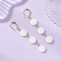 Золотой Плоские круглые серьги-подвески из натуральных пресноводных ракушек, с  латунными крючками для серег, золотые, 64x10 мм