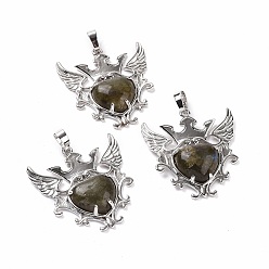 Labradorite Natural Labradorite Pendants, Eagle with Heart Charms, with Rack Plating Platinum Tone Brass Findings, 36.5x33.3x6~7mm, Hole: 8x5mm