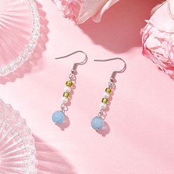 Небесно-голубой Глаза кота болтаться серьги, круглые, со стеклом и ракушечным жемчугом, платина, голубой, 50x8 мм