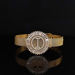 Letter I Латунные браслеты с микропаве из прозрачных кубических цирконий для женщин, плоские круглые с буквы, реальный 18 k позолоченный, Буква "i", 8-1/4 дюйм (21 см)