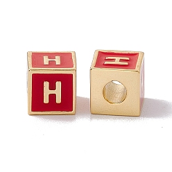 Letter H Стойки покрытие латунь эмаль бисер, без кадмия, без никеля и без свинца, реальный 18 k позолоченный, куб с письмом, красные, letter.h, 6x6x6 мм, отверстие : 2.5 мм