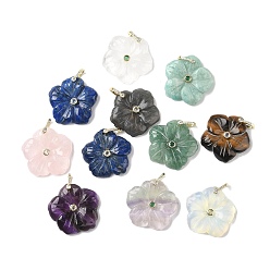 Смешанные камни Природные и синтетические смешанные подвески драгоценных камней, подвески-цветы с латунной микропаве из кубических цирконий, золотые, смешанные окрашенные и неокрашенные, 29.5~30.5x30~31x5.5~6.5 мм, отверстие : 8.5x5 мм