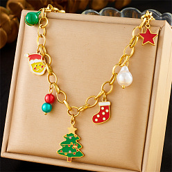 Золотой 304 Женские подвески в виде Санта-Клауса из эмалированной нержавеющей стали и пластика в виде рождественской елки, зеленый и красный, золотые, 15.94 дюйм (40.5 см)