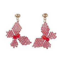 Red Glass Seed Beaded Dangle Stud Earrings, with 304 Stainless Steel Findings, Butterfly, Red, 40x28mm