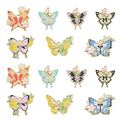Couleur Mélangete 28 pcs 7 styles pendentifs en émail en alliage, or, papillon avec breloque fleur, couleur mixte, 24~30x23~37x1~1.5mm, Trou: 1.8~2mm, 4 pcs / style