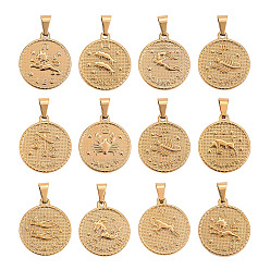 Золотой 304 из нержавеющей стали подвесные комплекты, плоский круглый с двенадцатью созвездием / знаком зодиака, золотые, 29x25x3.2 мм, отверстия : 9x4.5 mm , 12 шт / комплект