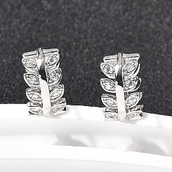 Платина Серьги-кольца в форме листа с микропаве из прозрачных кубических цирконий из латуни, стойки покрытие, долговечный, без кадмия и без свинца, платина, 14x7.5 мм