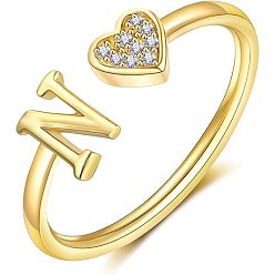 Letter N Регулируемые латунные кольца из манжеты из горного хрусталя, письмо и сердце, золотые, Письмо N, внутренний диаметр: 15~20 мм