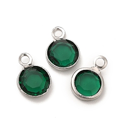 Sea Green 304 Stainless Steel with Glass Charms, Stainless Steel Color, Faceted Flat Round, Sea Green, 9.5x6.5x2mm, Hole: 1.5mm
