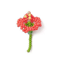 Красный Подвески-цветы из стеклянных бус, с открытыми пружинными кольцами из нержавеющей стали 304, реальный 18 k позолоченный, красные, 30x20.5x16.5 мм, отверстие : 3 мм