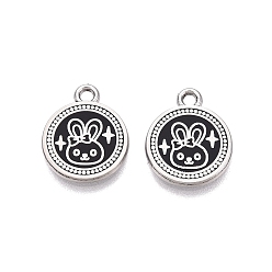 Черный Стойки обшивки сплава эмали подвески, плоский круглый с подвесками в виде кролика, платина, чёрные, 14.5x12x1.5 мм, отверстие : 1.6 мм