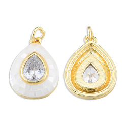 White Brass Pave Clear Cubic Zirconia Pendants, with Jump Rings and Shell, Enamel, Real 18K Gold Plated, Nickel Free, Teardrop, White, 19x13.5x4.5mm, Jump Ring: 5x1mm, 3mm inner diameter
