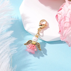 Pink Подвесные украшения в виде цветочного ангела из стекла и акрила, с 304 из нержавеющей стали Lobster Claw застежками, розовые, 38.5 мм