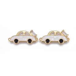 White Brass Micro Pave Cubic Zirconia Links, with Enamel & Natural Shell Slice, Long-Lasting Plated, Car, Golden, White, 11.5x25.5x2.5mm, Hole: 1mm