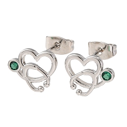Нержавеющая Сталь Цвет Латунные серьги-гвоздики с микропаве из зеленых кубических цирконий для женщин, сердце со стетоскопом, цвет нержавеющей стали, 9.5x11.5 мм
