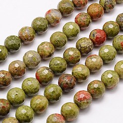 Unakite Natural Unakite Beads Strands, Faceted, Round, Olive Drab, 10mm, Hole: 1mm, about 38pcs/strand, 15.75 inch