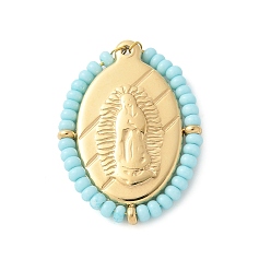 Бледно-бирюзовый 304 прелести нержавеющей стали, овальные с Иисусом, со стеклянными бисеринами, реальный 14 k позолоченный, бледные бирюзовая, 25.5x19x2.5 мм, отверстие : 1.2 мм