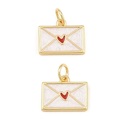 Plaqué 18K Or Véritable Laiton émail pendentifs, enveloppe avec breloques coeur, crémaillère plaquage, plaqué longue durée, sans plomb et sans cadmium, réel 18 k plaqué or, 10.5x13x2mm, Trou: 3mm