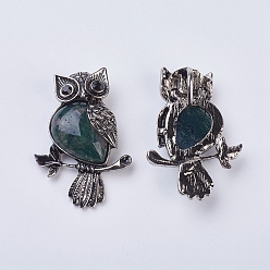 Moss Agate Gemstone Pendant, with Alloy Findings, and Rhinestone, Owl, 50x35x7.5~9mm, Hole: 5x8mm