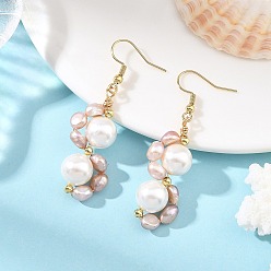 Blanc Antique Boucles d'oreilles pendantes en nacre et acier inoxydable, fleur, Boucles d'oreilles pendantes en laiton avec perles de culture d'eau douce naturelles, blanc antique, 304mm