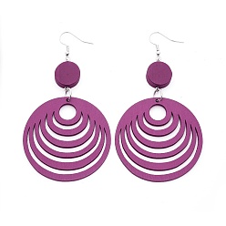 Ярко-Розовый Элегантная мода плоские круглые деревянные болтаться серьги, с платиновым покрытием серьги железа крючки, ярко-розовый, 90 мм, штифты : 0.8 мм