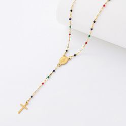 Colorido Collares de rosario de resina vintage, 304 Collares con colgante de cruz religiosa de acero inoxidable con la imagen de la Virgen para mujer, dorado, colorido, 17.72 pulgada (45 cm)