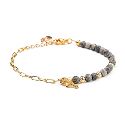 Камень Карты Шарм браслеты, с бусинами из натурального камня, 304 из нержавеющей стали крест прелести, латунные цепочки для скрепок и круглые бусины, 7-5/8 дюйм (19.3 см)