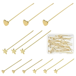 Real 18K Gold Plated 40Pcs 4 Styles Brass Star Head Pins, Nickel Free, Real 18K Gold Plated, 30~51mm, 10pcs/style