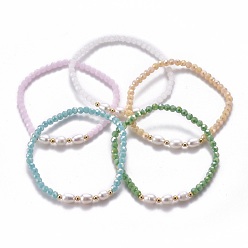 Mixed Color Faceted Glass Beaded Stretch Bracelets, with Natural Pearl Beads and Golden Plated Brass Beads, Mixed Color, Inner Diameter: 2-1/4 inch(5.7cm)