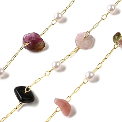 Турмалин Цепочки ручной работы из натуральных разноцветных бусин турмалина, пайки, с бусинами из АБС-пластика и фурнитурой из латуни с покрытием из стойки, долговечный, без свинца и без кадмия, с катушкой, реальный 18 k позолоченный, 5~10x3~6x2.5~6 мм