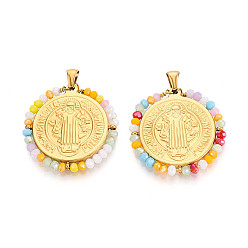 Разноцветный 304 подвески из нержавеющей стали, плоские круглые с святым Бенедиктом, со стеклянными бусинами, ионное покрытие (ip), реальный 18 k позолоченный, граненые, красочный, 31x31x3 мм, отверстие : 5x3.5 мм