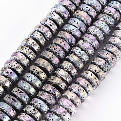 Colorful Electroplated Natural Lava Rock Beads Strands, Flat Round/Disc, Heishi Beads, Bumpy, Colorful, 8.5x4mm, Hole: 1mm, about 104~105pcs/strand, 15.75 inch~15.94 inch(40cm~40.5cm)