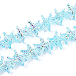 Небесно-голубой Гальваническое покрытие, прозрачные стеклянные бусины, нити, морская звезда, с половиным покрытием, голубой, 14.5~15x14~16x8~8.5 мм, отверстие : 0.9~1 мм, около 50~51 шт / нитка, 24.41~25 дюйм (62~63.5 см)