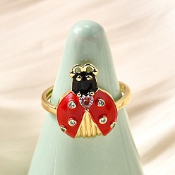 Настоящее золото 16K Латунные эмалевые микропаве прозрачные кубические цирконии открытые манжеты кольца для женщин, без кадмия и без свинца, божья коровка, реальный 16 k позолоченный, регулируемый; 17x13мм